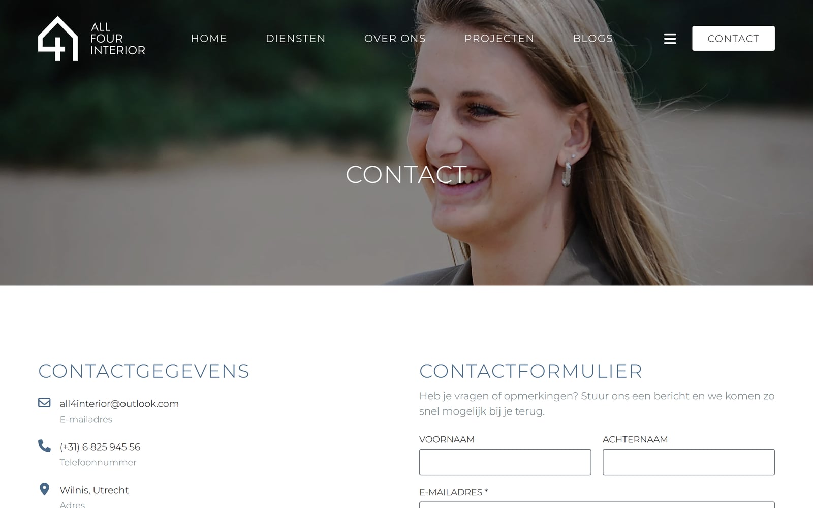 De contactpagina van All4Interior met contactgegevens en het contactformulier.