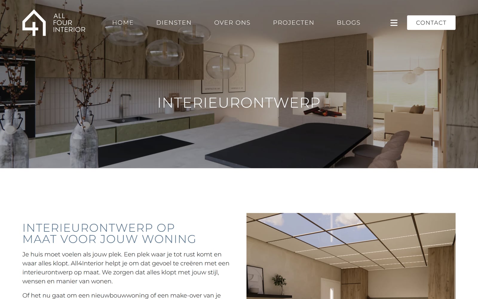 De dienstpagina Interieurontwerp met een render van een keuken en tekst over interieurontwerp op maat.