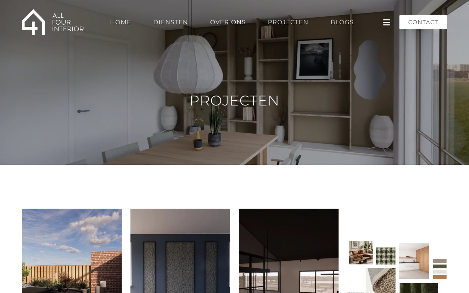 De projectenpagina van All4Interior met een grote foto van een interieur en daaronder het overzicht van projecten.