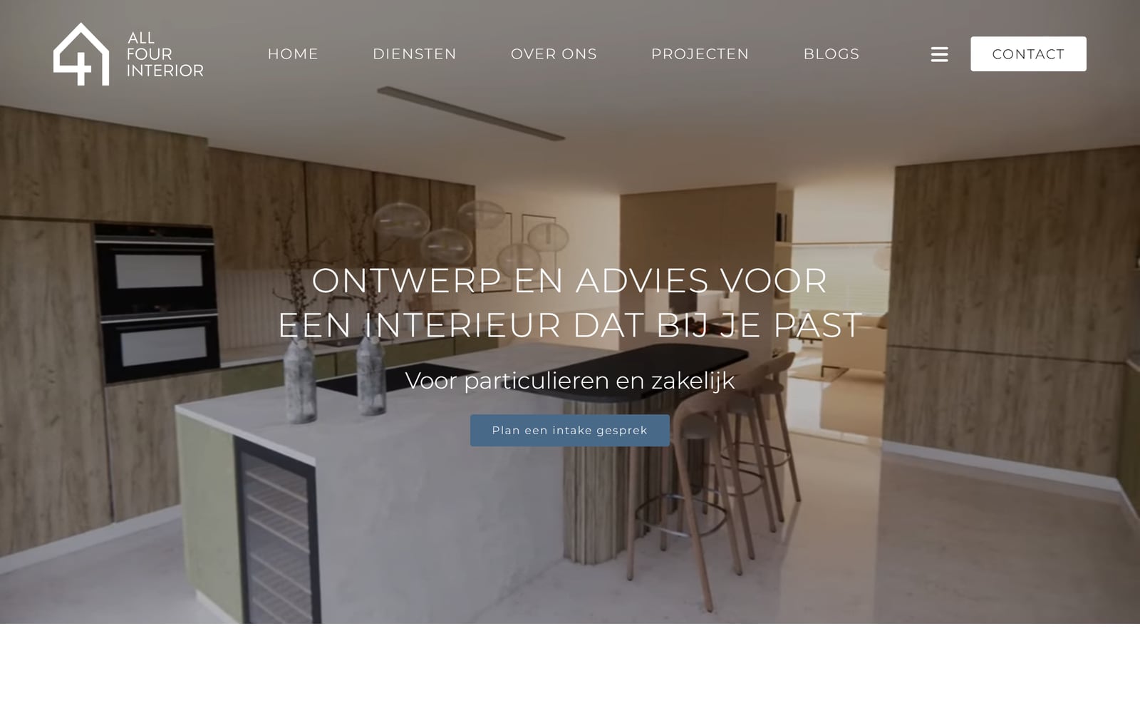 Homepage van All4Interior: een grote foto van een keuken met de kop Ontwerp en advies voor een interieur dat bij je past.
