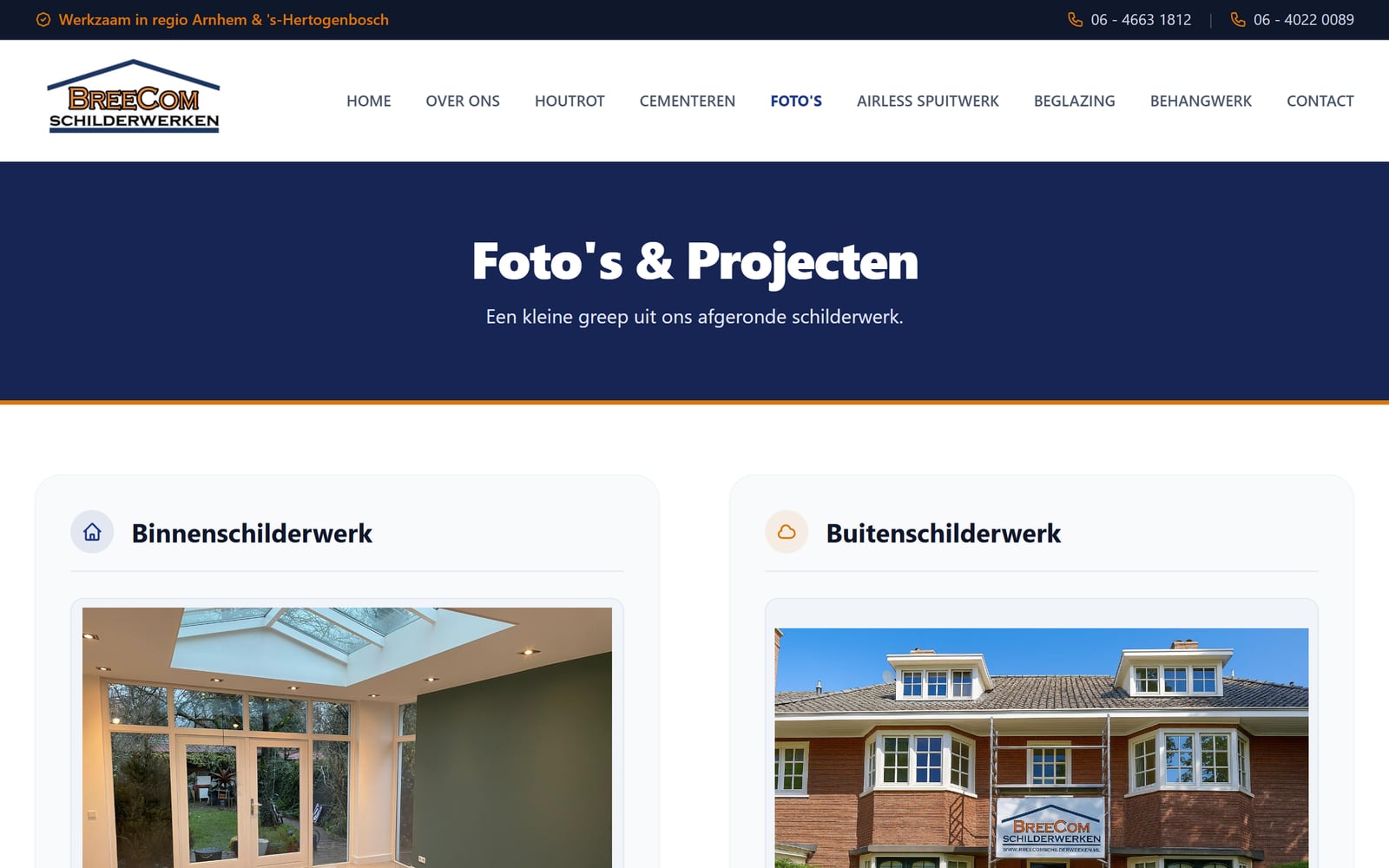 De pagina Foto's & Projecten van BreeCom, met projecten ingedeeld in binnen- en buitenschilderwerk.