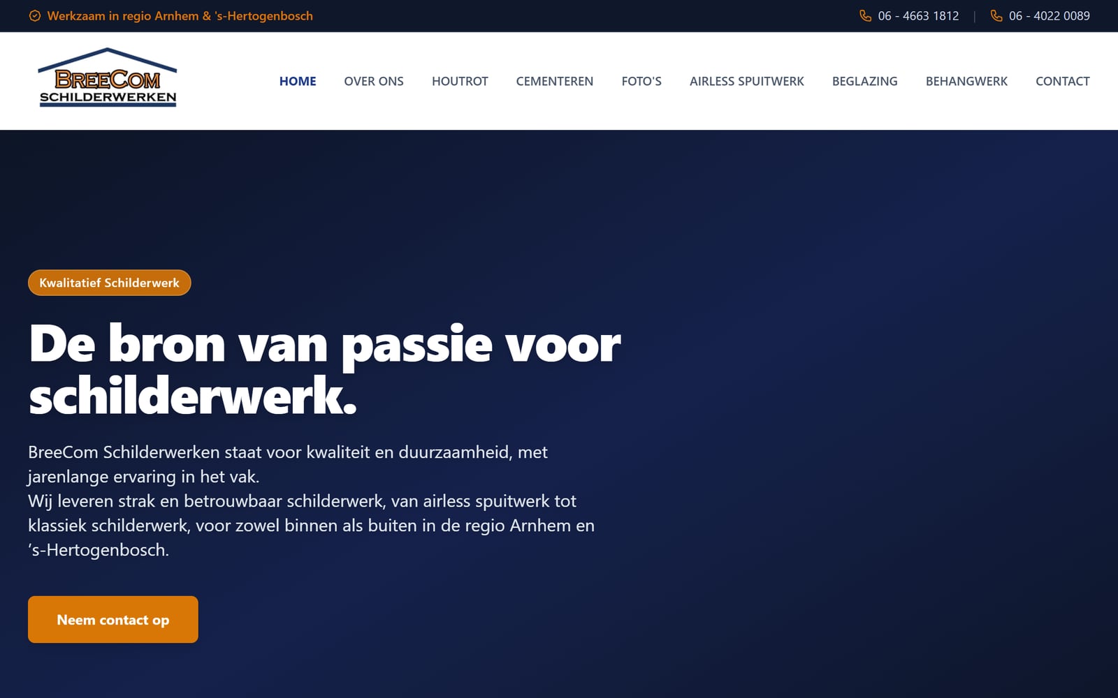 Homepage van BreeCom Schilderwerken met werkgebied en telefoonnummers bovenaan.