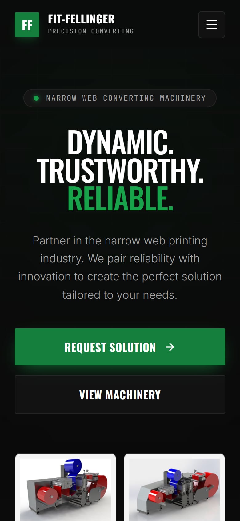 Dezelfde homepage op een telefoon, met de knoppen Request solution en View machinery onder de kop.