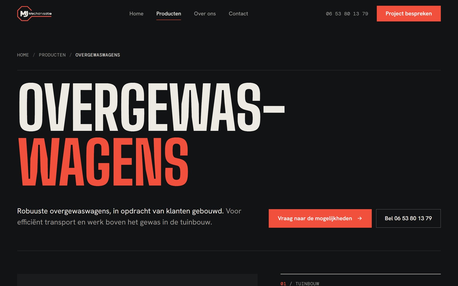 De productpagina Overgewaswagens met een grote kop en knoppen om naar de mogelijkheden te vragen of te bellen.