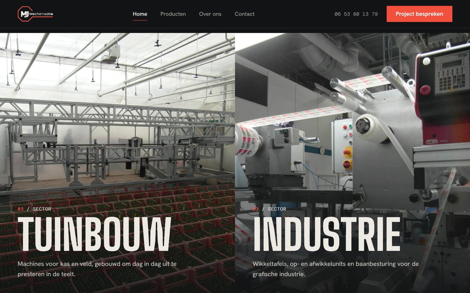 Twee foto's naast elkaar: Tuinbouw, met een machine in de kas, en Industrie, met een wikkelmachine voor de grafische industrie.