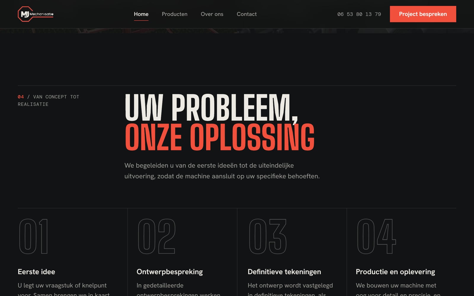 Het blok Uw probleem, onze oplossing met vier stappen onder grote omlijnde cijfers 01 tot en met 04.