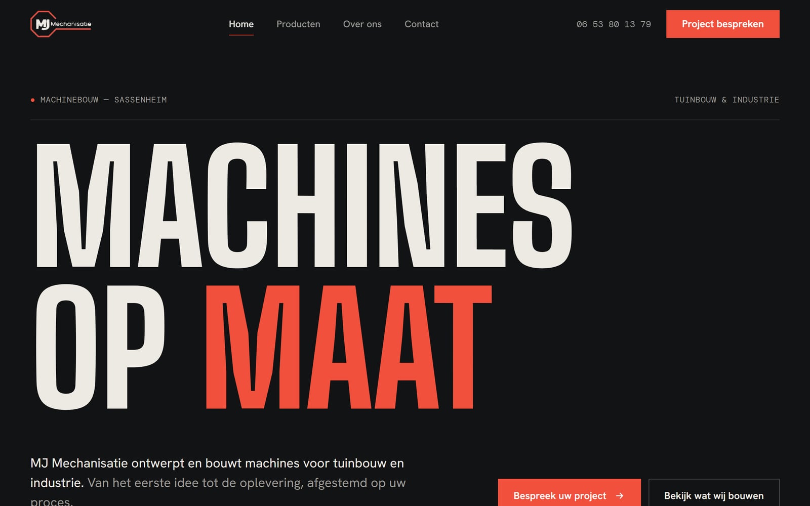 Homepage van MJ Mechanisatie: een donkere site met in enorme letters Machines op maat.