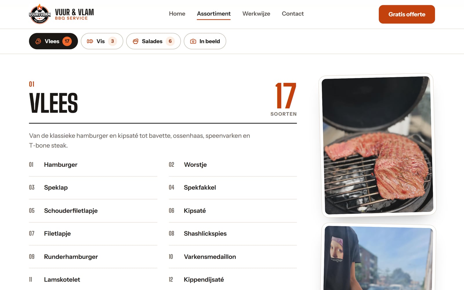 De assortimentspagina: een balk met Vlees 17, Vis 3, Salades 6 en In beeld, daaronder de zeventien soorten vlees genummerd op een rij, met foto's ernaast.