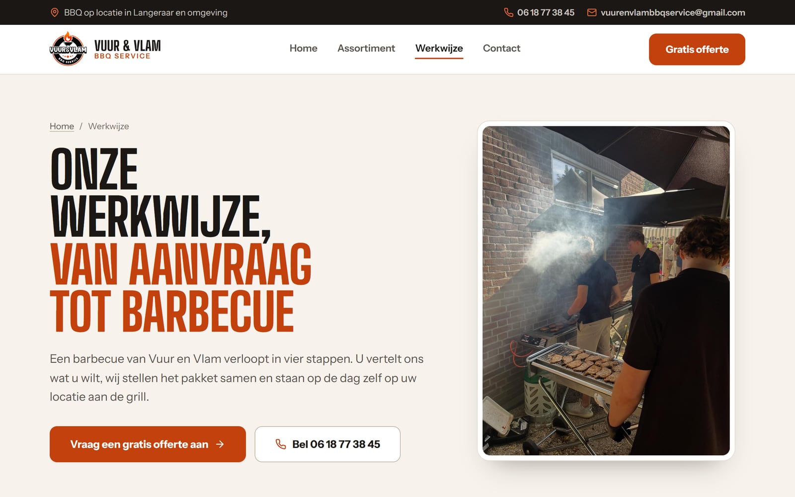 De werkwijzepagina met de kop Onze werkwijze, van aanvraag tot barbecue en een foto van de grill in actie.