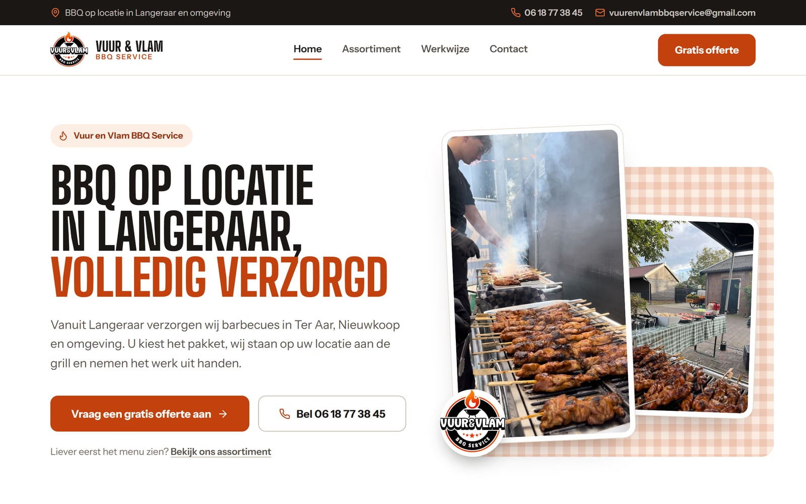 Homepage van het nieuwe ontwerp voor Vuur en Vlam BBQ: BBQ op locatie in Langeraar, met foto's van de grill.