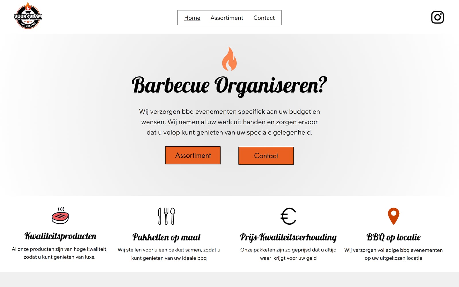 De oude website van Vuur en Vlam: een lichte pagina met de vraag Barbecue Organiseren? in sierletters, een alinea tekst en twee knoppen.
